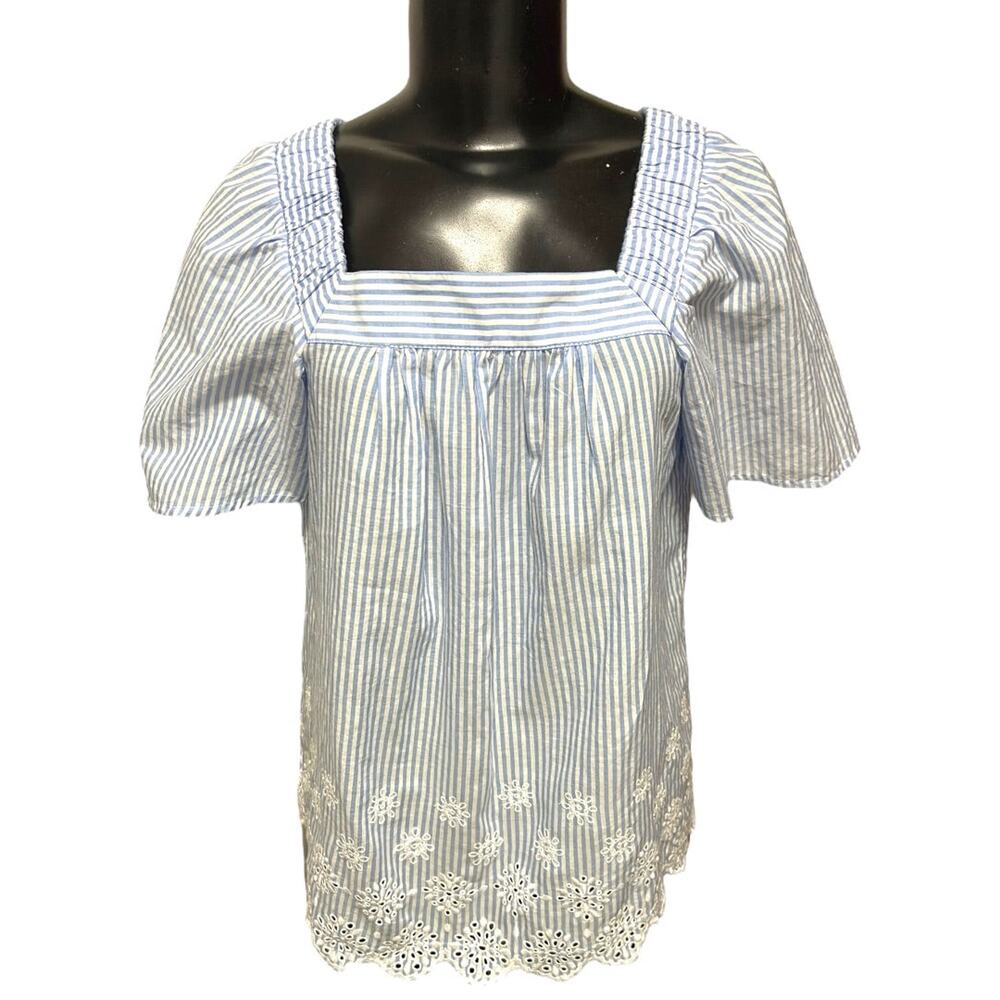 XS Loft Womens Flowy Blouse Shirt Striped Embroidered Blue White
